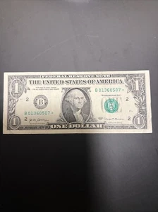 Einzigartige ausgefallene Seriennummer 01360507 "Star Note" One Dollar Schein zirkuliert selten - Bild 1 von 2