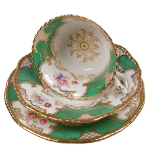 Coalport Batwing Tea Cup Saucer Plate Trio Rare Bold Green London Circa 1919 - Picture 1 of 21