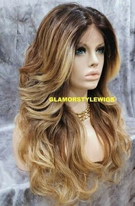 FREE PART LACE FRONT FULL WIG LONG WAVY LAYERED OMBRE BROWN BLONDE MIX HEAT OK - Picture 1 of 5