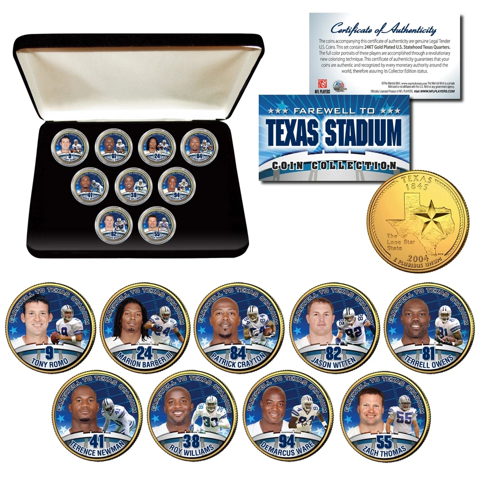 DALLAS COWBOYS Texas Stadium Farewell 9-Coin Set Quarters 24K Gold Plated w/Box - Image 1 of 1