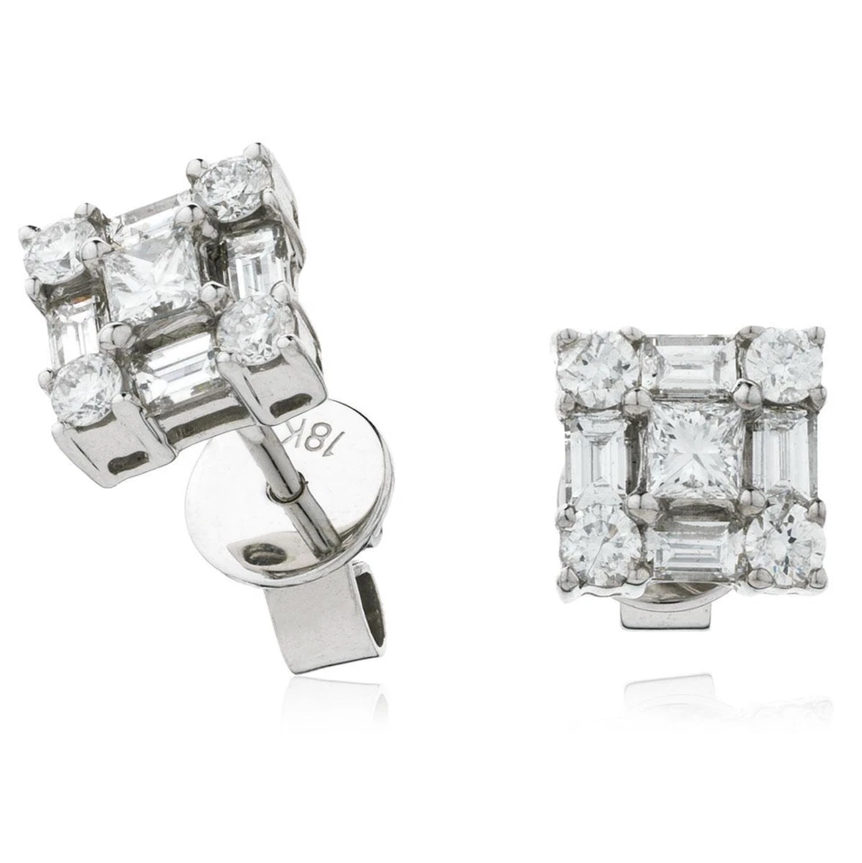 1.00ct F VS Diamond Square Shape Earrings for Pierced Ears in 18ct White Gold - Image 1 of 1