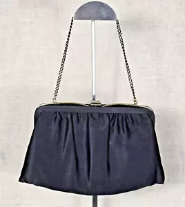 Vintage Pleated Black Satin Evening Bag 1950, Metal Framed With Divider - Picture 1 of 9