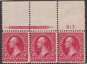 MATT'S STAMPS SCOTT US #279B WASHINGTON 2-CENT MNH/MH STRIP OF 3 w/ PLATE NUMBER - Picture 1 of 3