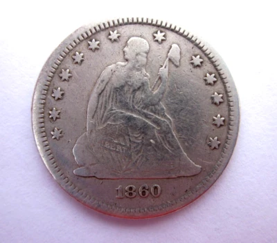 1860 LIBERTY SEATED QUARTER 25c COIN PHILADELPHIA MINT RARE PRE CIVIL WAR DATE - Image 1 of 2