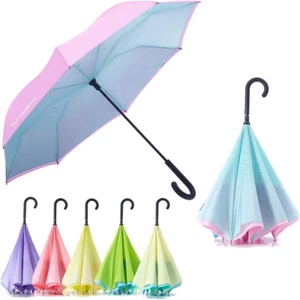 Reverse Umbrella Auto Close Windproof Car Umbrella Inverted with J Hook Handle f - Picture 1 of 7