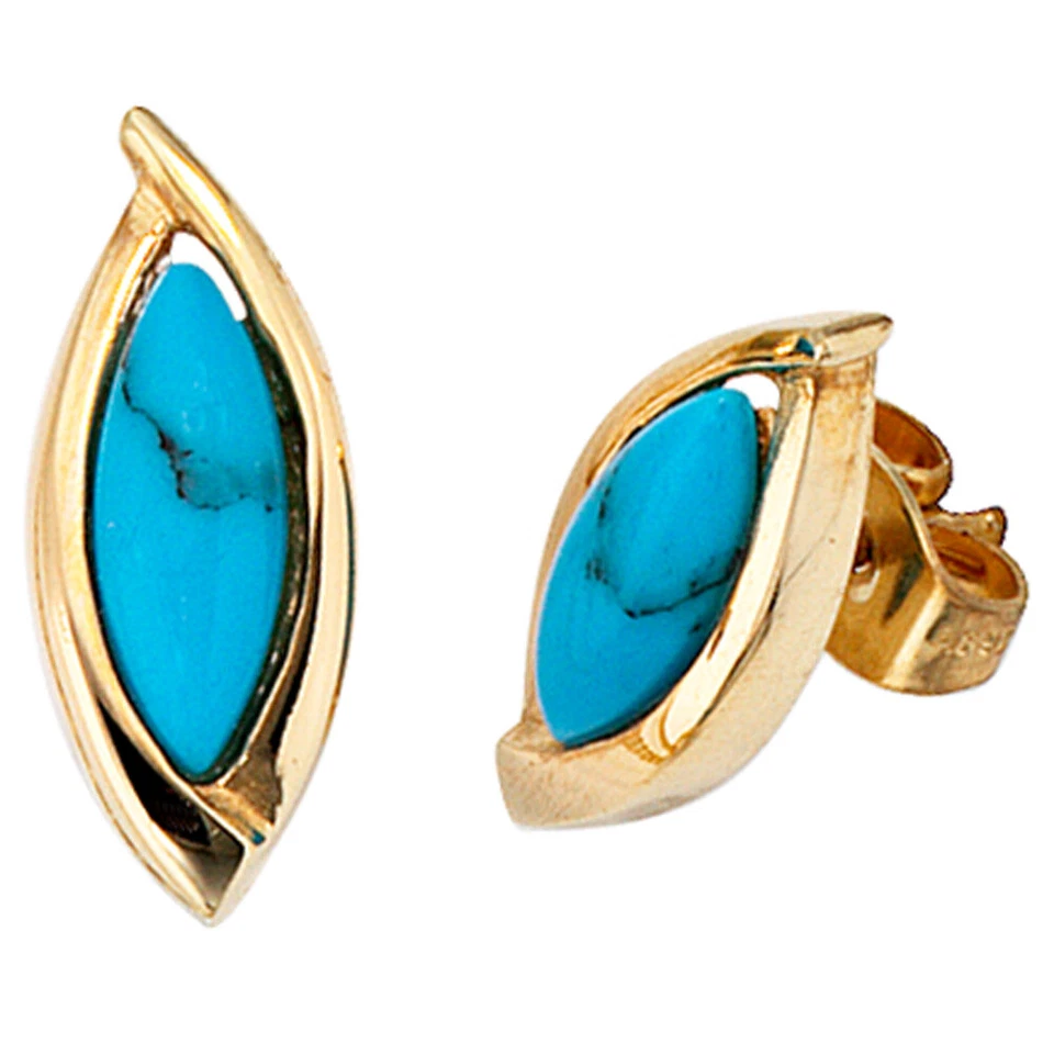 JOBO Ohrstecker oval 585 Gold Gelbgold 2 Türkise türkis Ohrringe Goldohrstecker - Bild 1 von 1