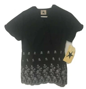 Medical Uniform Small Women Top Black Star Embroidered Black Cotton Blend NWT - Picture 1 of 11