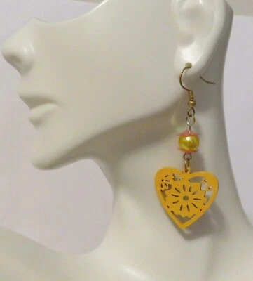 Gold Wood Cutout Heart w Yellow Pearl Drop Hook Earrings - Image 1 of 3