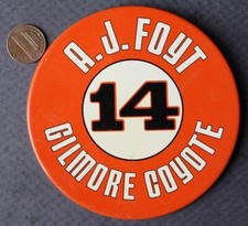 1977 Indy 500 Legend A.J. Foyt, Jr. #14 Gilmore Coyote Car LARGE 4" Pin VINTAGE-