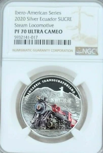 2020 ECUADOR SILVER 1 SUCRE STEAM LOCOMOTIVE NGC PF 70 ULTRA CAMEO PERFECTION - Picture 1 of 4