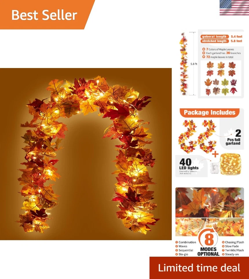 2 Pack Fall Maple Garland With LED String Light 5.8ft/piece Artificial Decor