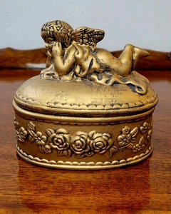 Viktorianischer Stil goldfarbene Cherub Engel Schmuckschatulle Blumendesign 5" x 4" Metall - Bild 1 von 16