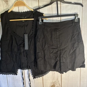 House of Harlow 1960 linen Rayon embroidered shorts & top matching set Black S - Bild 1 von 9