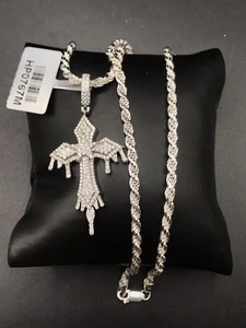 925 Sterling Silver 1.59CT Moissanite Dripping Cross Pendant Rope Chain Necklace - Picture 1 of 12
