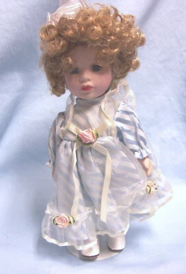 DOLL Collectible Cute Porcelain 10" T Doll Blonde Hair Blue Eyes Metal Stand -A2 - Image 1 of 3
