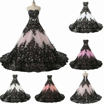 Gothic Strapless Black Wedding Dresses Tulle Lace Appliques Wedding Bridal Gowns - Image 1 of 4