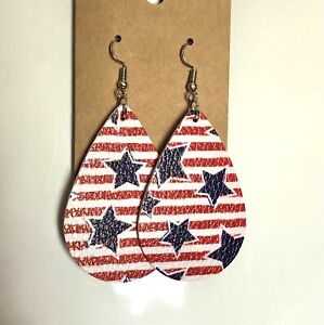 Americana Red White & Blue Stars Striped Leather Earrings (A)61