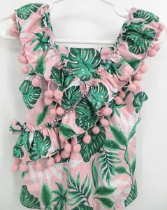 NICOLE MILLER NEW YORK ONE PIECE SWIMSUIT Girl's Size 5 Pink /Green Pom Pom Trim - Picture 1 of 5