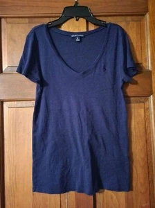 Damen Large Ralph Lauren Polo V-Ausschnitt T-Shirt bequem Oberteil dunkelblau - Bild 1 von 4
