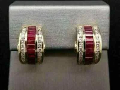 4CT Baguette Cut Simulated Red Ruby Hoop Earrings 14K Yellow Gold Plated - Image 1 of 4