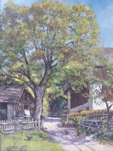 Wolfgang Hellmaier (1917 Múnich -) Pintura al óleo paisaje granja ganado de plumas - Imagen 1 de 12