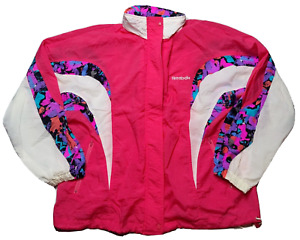 VTG 80s REEBOK Women Large Pink Nylon Zip Concealed Hood Windbreaker Jacket EUC