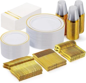 350pcs Gold Plastic Plates - Disposable Plastic Dinnerware Set Include 50 Gol... - Picture 1 of 9