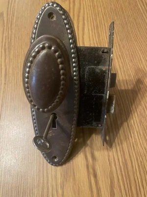 Antique Ornate Metal Door Knob Set With Back Plates & Key  Lock Mortise Assembly - Image 1 of 4