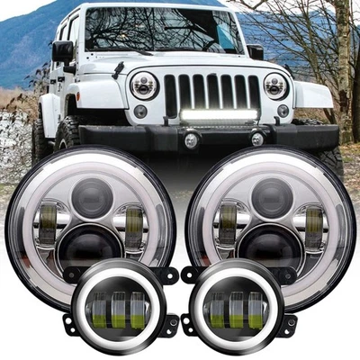 For Jeep Wrangler JK JKU 07-17 Combo 7" LED Headlights 4'' Fog Lights Halo Kits - Image 1 of 4