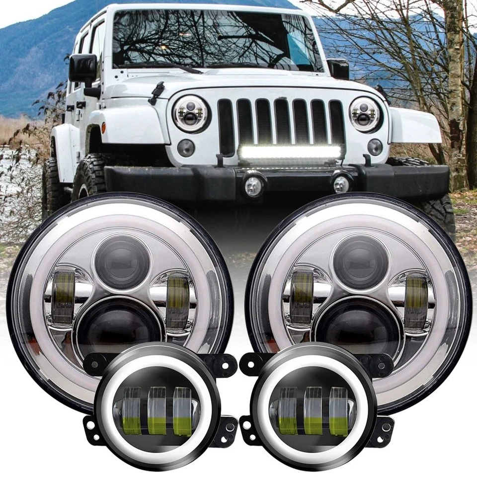 For Jeep Wrangler JK JKU 07-17 Combo 7" LED Headlights 4'' Fog Lights Halo Kits - Image 1 of 4