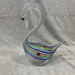 "Pájaro cisne de vidrio vintage de Murano hecho en Italia 11,5"" transparente con rayas multicolores" - Imagen 1 de 7