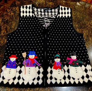 Christmas Zip Closure Black Sweater Vest Embroidered Knit Snowmen Size M - Picture 1 of 9