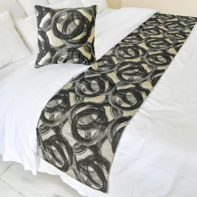 Black Jacquard Queen Bed Runner, Circle, Rings, Quilted - Circlewise - Image 1 of 4