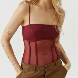 NWT Urban Outfitters Bodysuit WIne Burgundy Mesh Spaghetti Strap Thong Sz. L - Picture 1 of 10