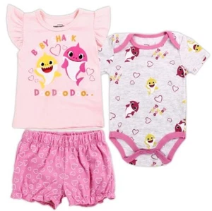 Baby Shark Baby Girls' Bodysuit, T-Shirt & Shorts 3-Piece Set, 12M/18M/24M - Picture 1 of 1
