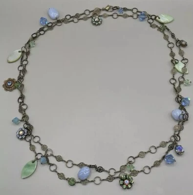 Liz Palacios Necklace Gold Tone Metal Faceted Crystal Shell Charms Long 42.5” - Image 1 of 4