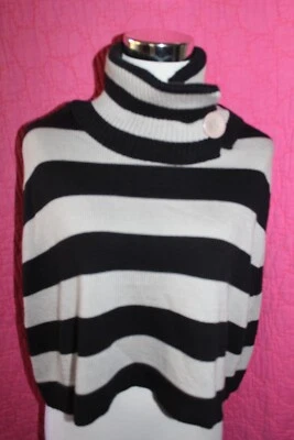 AMERICAN RAG CIE Black Gray Striped Knit Cropped Poncho Button High Neck XS Wrap - Image 1 of 4