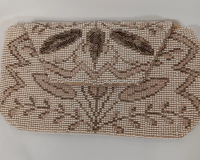Antique 1920s deco micro beaded evening handbag cream/ pink/ gray - Image 1 of 4