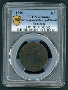 US 1795 FLOWING HAIR PLAIN EDGE LARGE CENT SLABBED PCGS F DETAILS - Picture 1 of 2