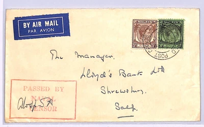 MALAYA STRAITS WW2 correo aéreo 1939 cubierta FPO.501 *CENSOR NAVAL* Shrewsbury WM15 Foto 1 de 4