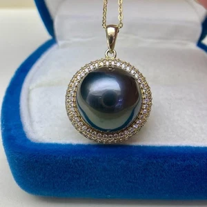 Ciondolo perle di Tahiti nere rotonde naturali 13,8 mm argento sterling 925 - Foto 1 di 6