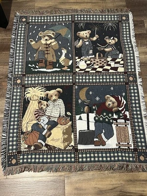 Винтажный 90-х плюшевые медвежата коттен жаккардовый пакет плед сплетенный бахрома ретро - Изображение 1 из 4