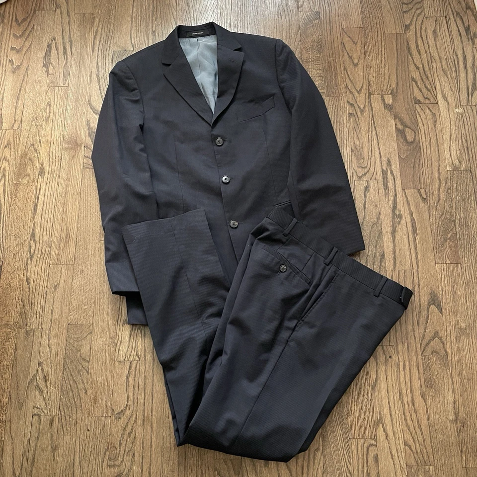 Vintage 80’s Hugo Boss Scorsese Navy Striped 3 Button Black Suit 36R 30x33 - Image 1 of 4