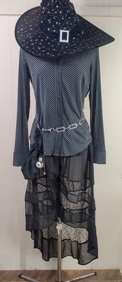 Women's Witch Wizard Costume Outfit Small Black Striped Sheer Sexy Skirt Hat - Image 1 of 4