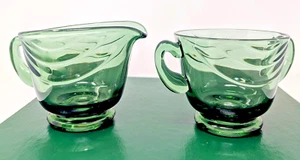 FOSTORIA GLASS #2650 HORIZON Cream & Sugar Set Spruce Green 1951-1954 MCM - Picture 1 of 6