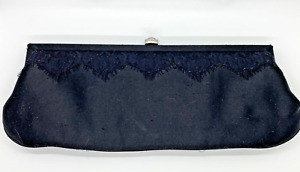 Kotur Black Fane Satin with Lace Trim Clutch Handbag NWT