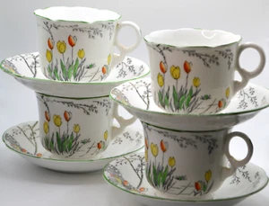 Vintage Art Deco Green Rim Heathcote English Teacup and Saucer Set of Four - Picture 1 of 5