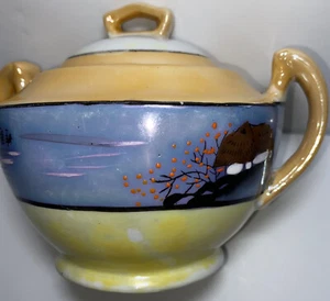 Sugar Bowl Made In japan hand painted Lusterware Cherry Blossom Thatched Hut 5” - Picture 1 of 10