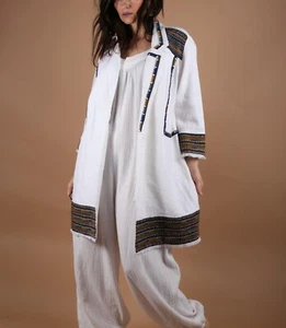 CHICO'S White Linen Striped Collared Open Front Midi Boho Trench Coat Size 2 - Picture 1 of 11