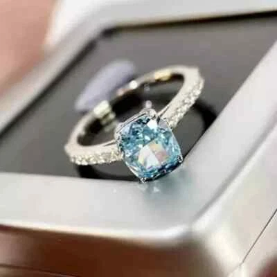 2Ct Cushion Lab Created Aquamarine Women's Engagement Ring 14K White Gold Plated - Image 1 of 3